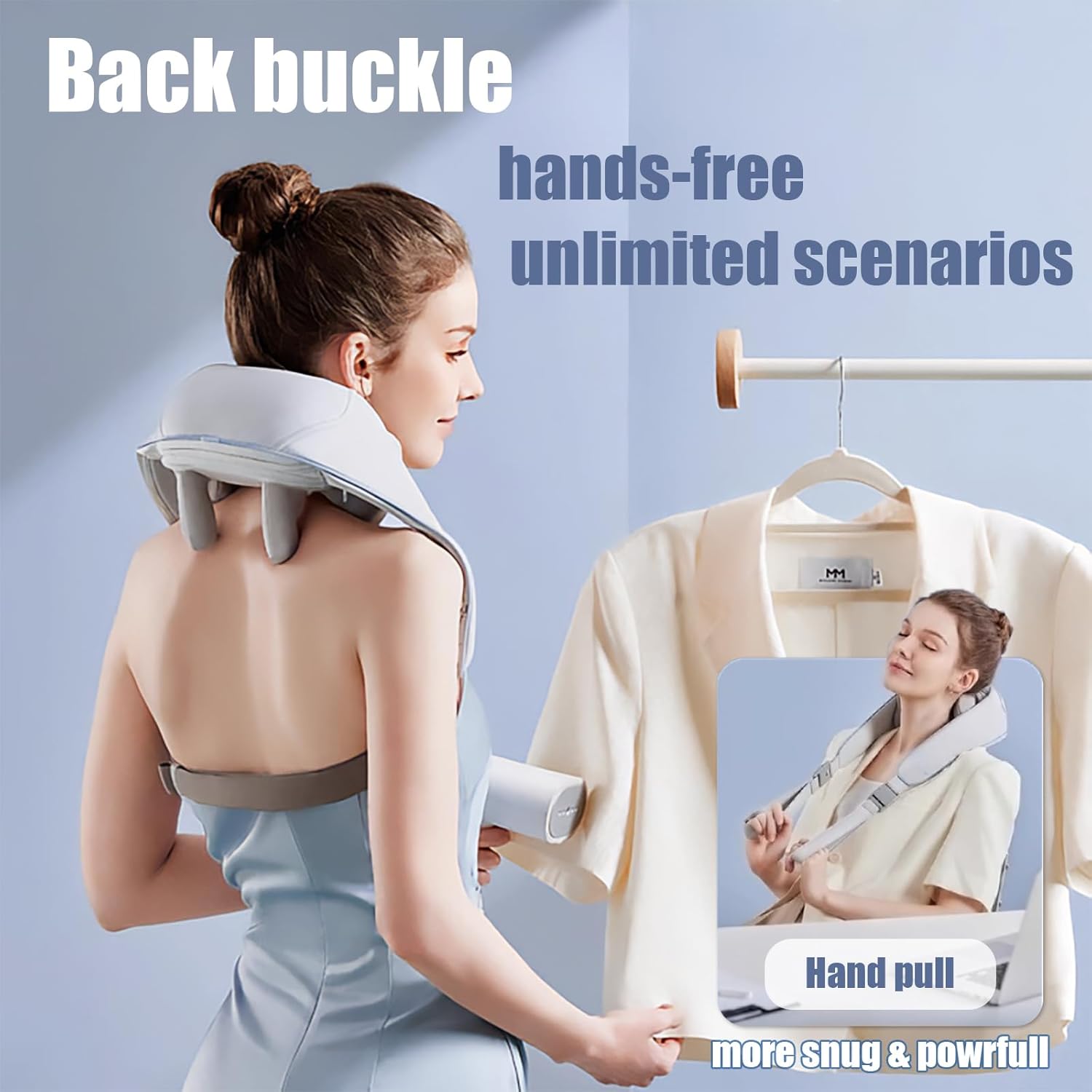 Woman wearing massager hands-free with back buckle, and inset showing hand pull method