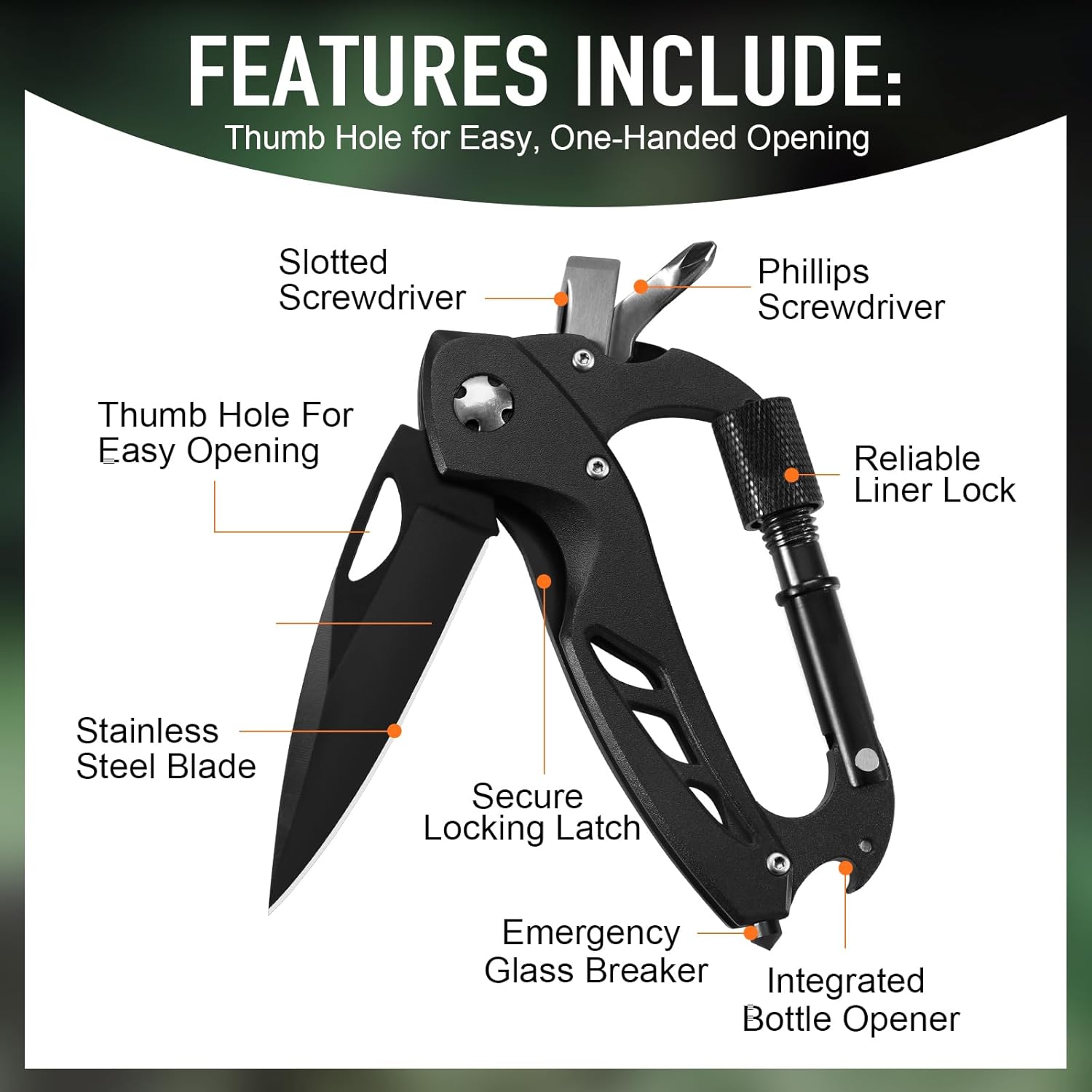 Multitool Carabiner with Pocket Knife, Birthday Gifts for Men Him Boyfriend, EDC Carabiners with Folding Knives, Bottle Opener, Window Breaker and Screwdriver, Survival Gear for Camping Hiking