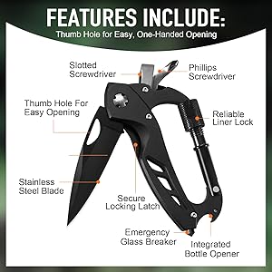 Stocking Stuffers for Men Adults, 6 in 1 Multitool Carabiner with Pocket Knife, Christmas Gifts for Mens Him, Cool Gadgets for Men, Folding Knives, Bottle Opener, Window Breaker And Screwdriver