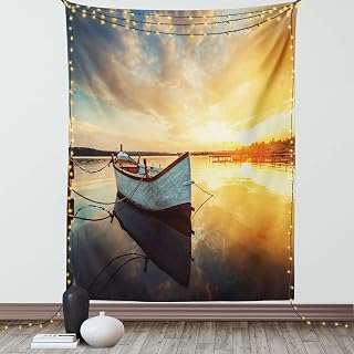 Ambesonne Lake House Tapestry, Small Boat on the Water with Horizon and Overcast Dramatic Sky Harbor Home, Wall Hanging for Bedroom Living Room Dorm Decor, 40" X 60", Pale Yellow