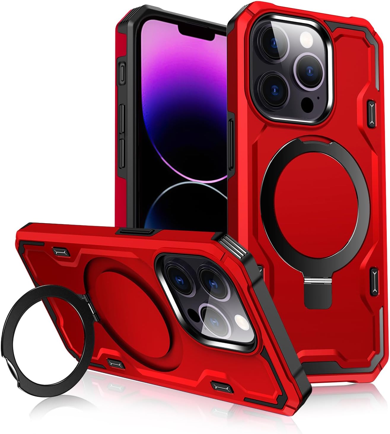 for iphone 13 pro 6.1'' case, [compatible with magsafe] [invisible built in stand & ring holder] mil-grade, dual layer shockproof full protective case for 13 pro-red