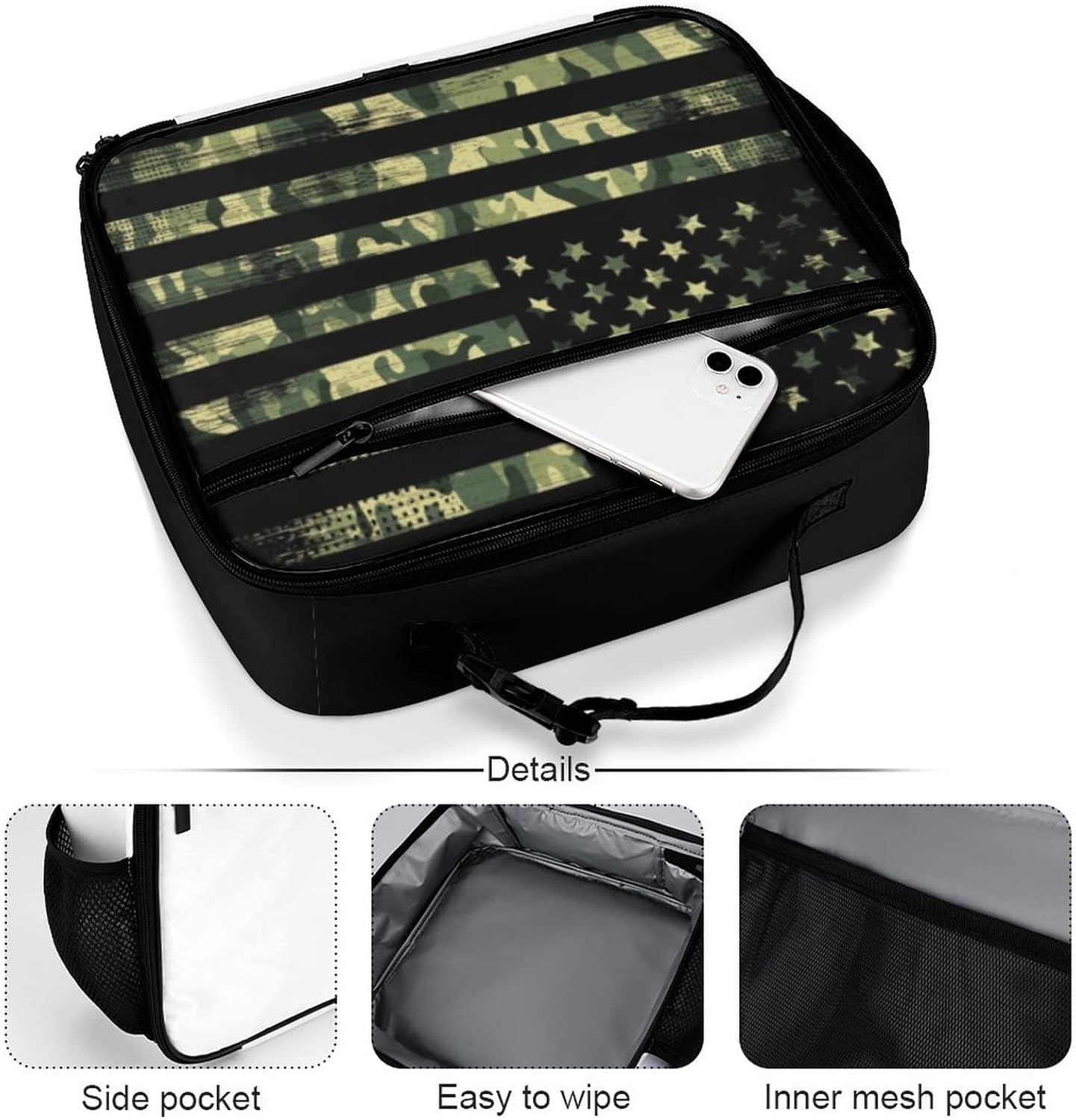 American Flag With Camouflage Reusable Lunch Box Insulated Lunch Bag Cooler Bag Lunchbox Meal Food Container Tote Bag for Women Kids Girls Boy School Camping Hiking Picnic Beach Travel