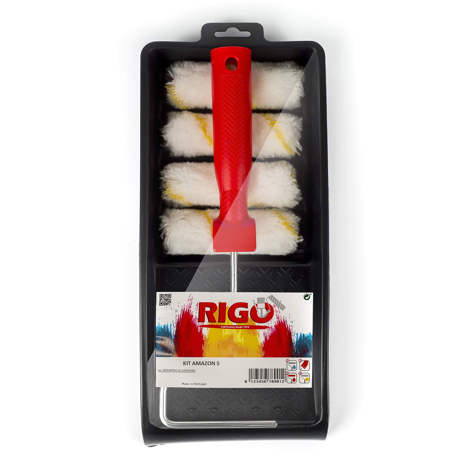 RIGO Kit Rulli Pittura e Vernice Piccoli Anti-goccia Anti-gocciolamento Riutilizzabili da 11 cm con 4 Ricambi e Vassoio – Rullo Perfetto per Pareti e Soffitti