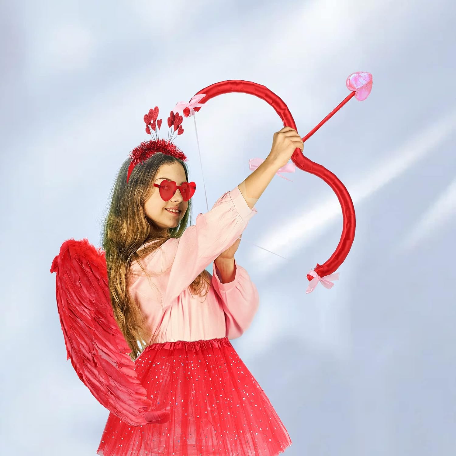 Unittype 5pcs Valentines Cupid Costume for Women Red Bow and Arrow Feather Angel Wings Heart Headwear Sunglasses Tutu Skirt - Image 5