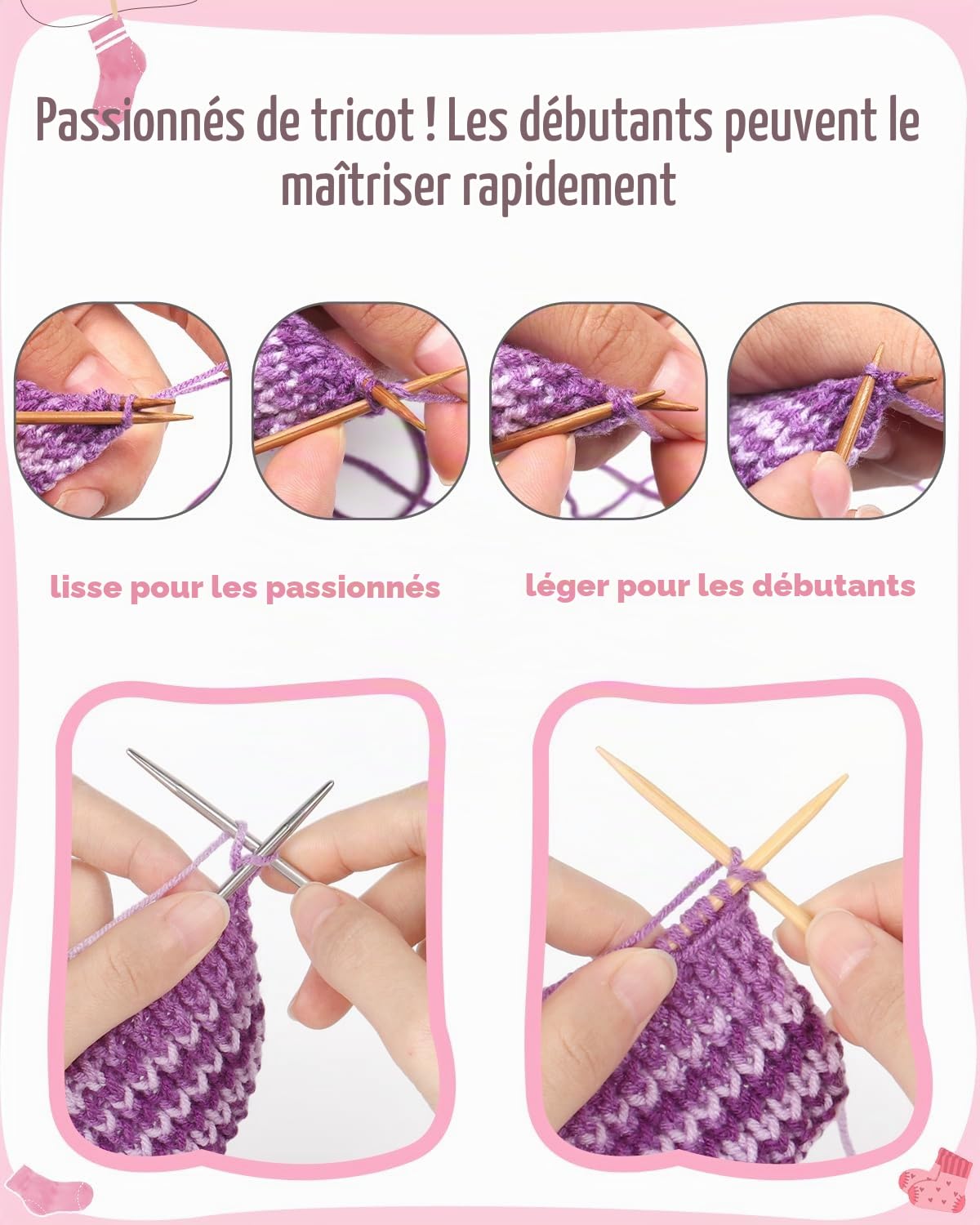 Katech Kit Tricot Débutant - Laine, Aiguilles à Tricoter 25cm en Bambou et Métal, Kit Adulte Chaussettes, Livre en Anglais - Gris Rose