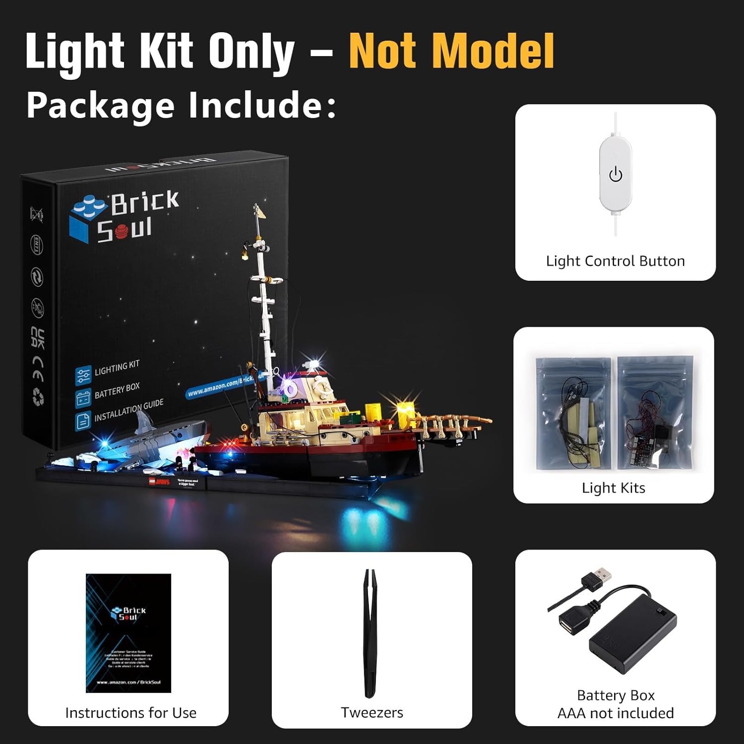 BrickSoul Light Up Kit Compatible with Lego Jaws Set Diorama - Shark 21350 Building Sets, Upgrade Wired Dimmable Lighting Accessories for Lego Fans, Not Included 21350 Model