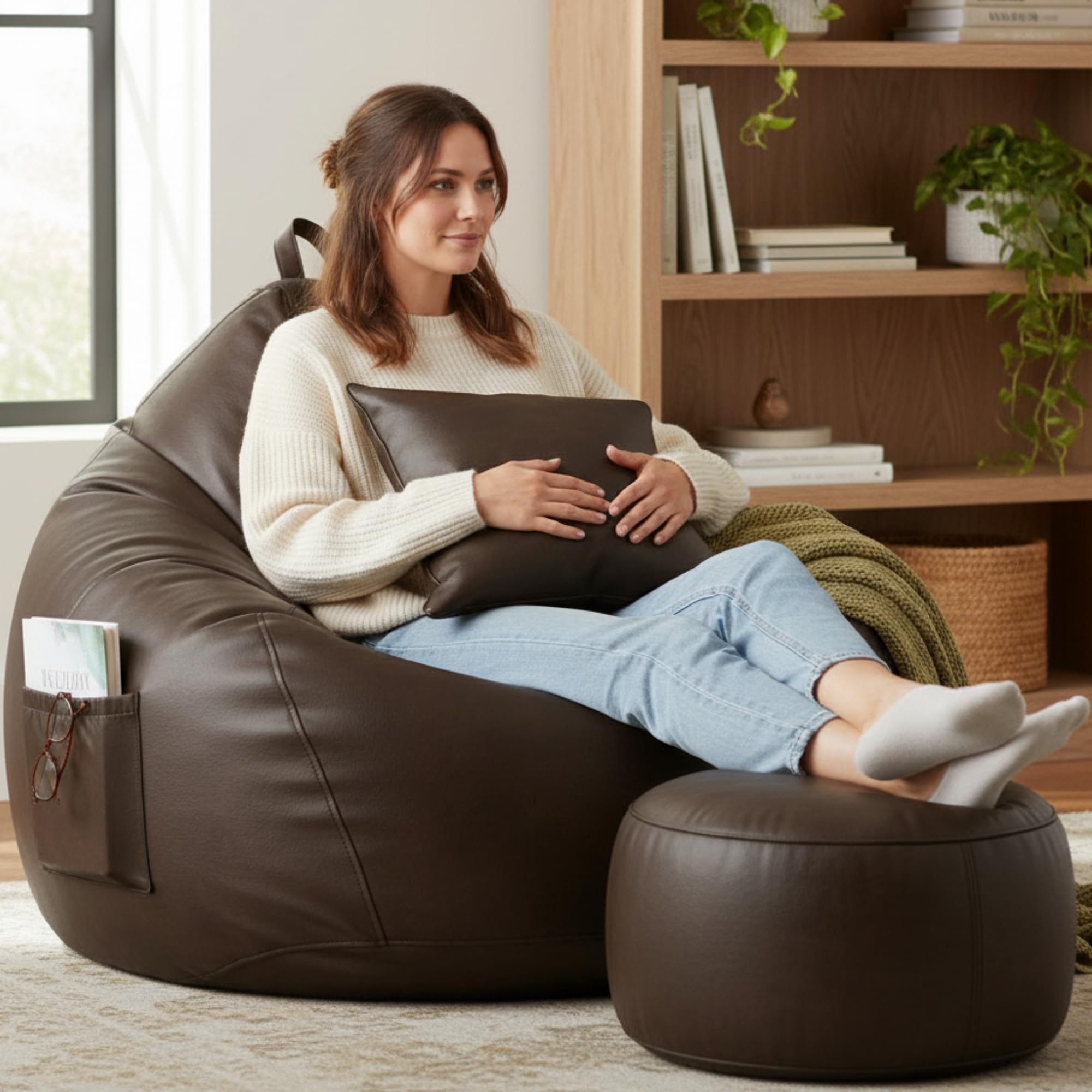 6XL Luxury Faux Leather Bean Bag with Footrest & Cushion | Pre-Filled High-Density Polystyrene Beans | Premium Leatherette |Teardrop Handle Design | 6 Months Warranty Color- Brown-image-24