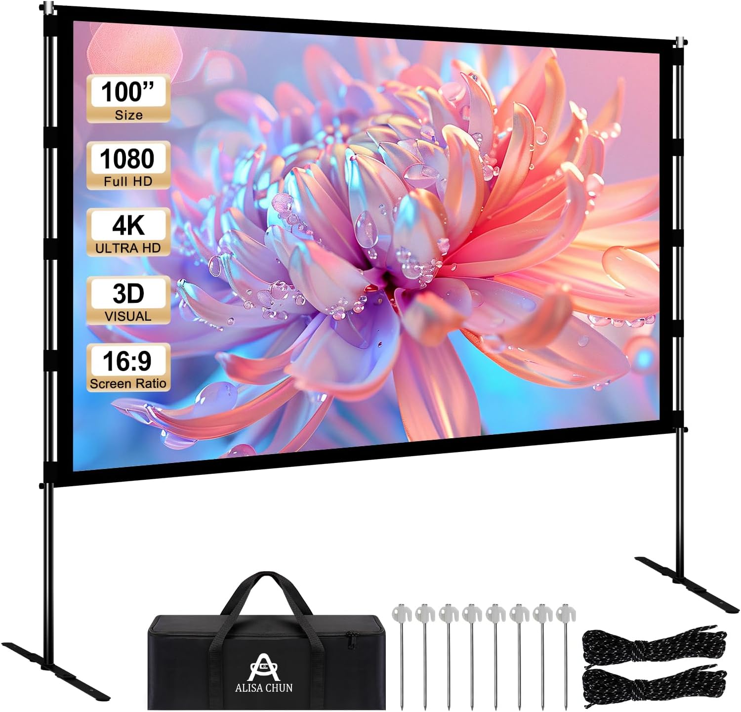 100 Inch Portable Projector Screen with Stand，16:9 4K HD Anti-Crease Indoor Outdoor Projector Movie Screen with Carry Bag,Wind Rope & States,for Backyard Camping Travel Home Theater