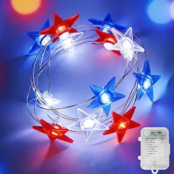 50 LED Patriotic Star String Lights, 16FT, Waterproof, Battery Operated with 8 Modes