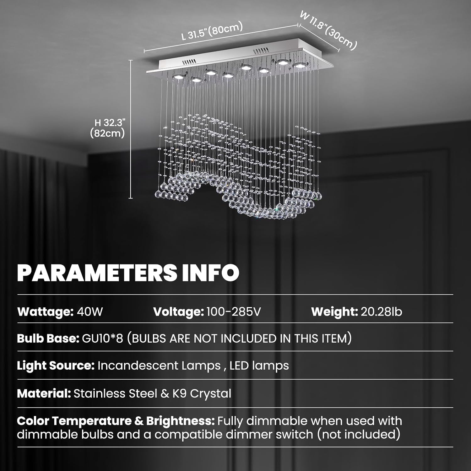 Rectangular Wave Raindrop Chandelier, Flush Mount Crystal Chandelier, Rectangle Pendant Ceiling Light Fixture for Dining Room,Kitchen Island, Living Room, L31.5×W11.8×H32.3