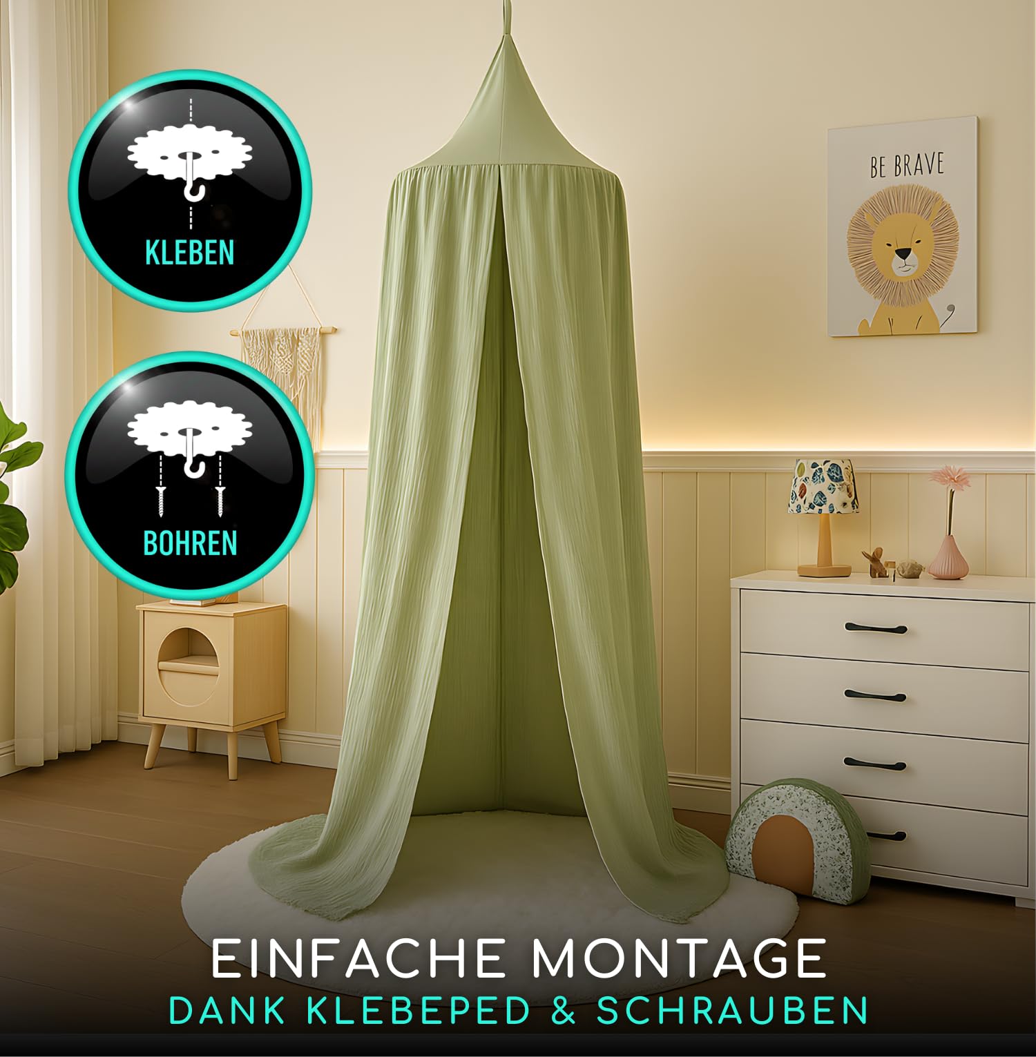 ALAVYA HOME Hemel kinderkamer 100% biologisch katoen mousseline GOTS- gecertificeerd voor babybed geschikt zoomlengte ca. 250 cm muggennet - bruin