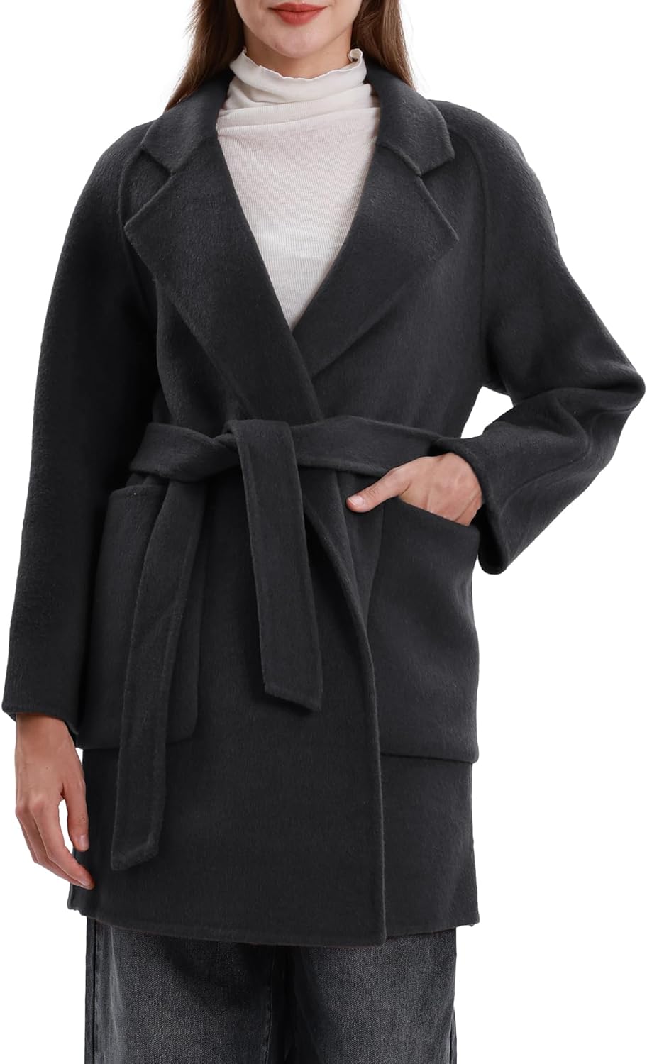 Womens Wool Coat Casual Notch Lapel Open Front Over coat With Belt