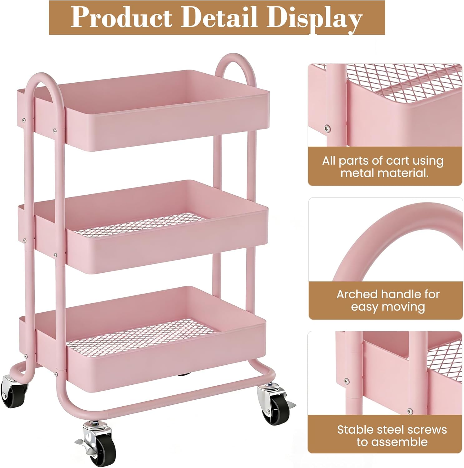 3 Tier Metal Rolling Cart, Utility Storage Cart Shelf Organizer with Wheels for Home & Office, Pink
