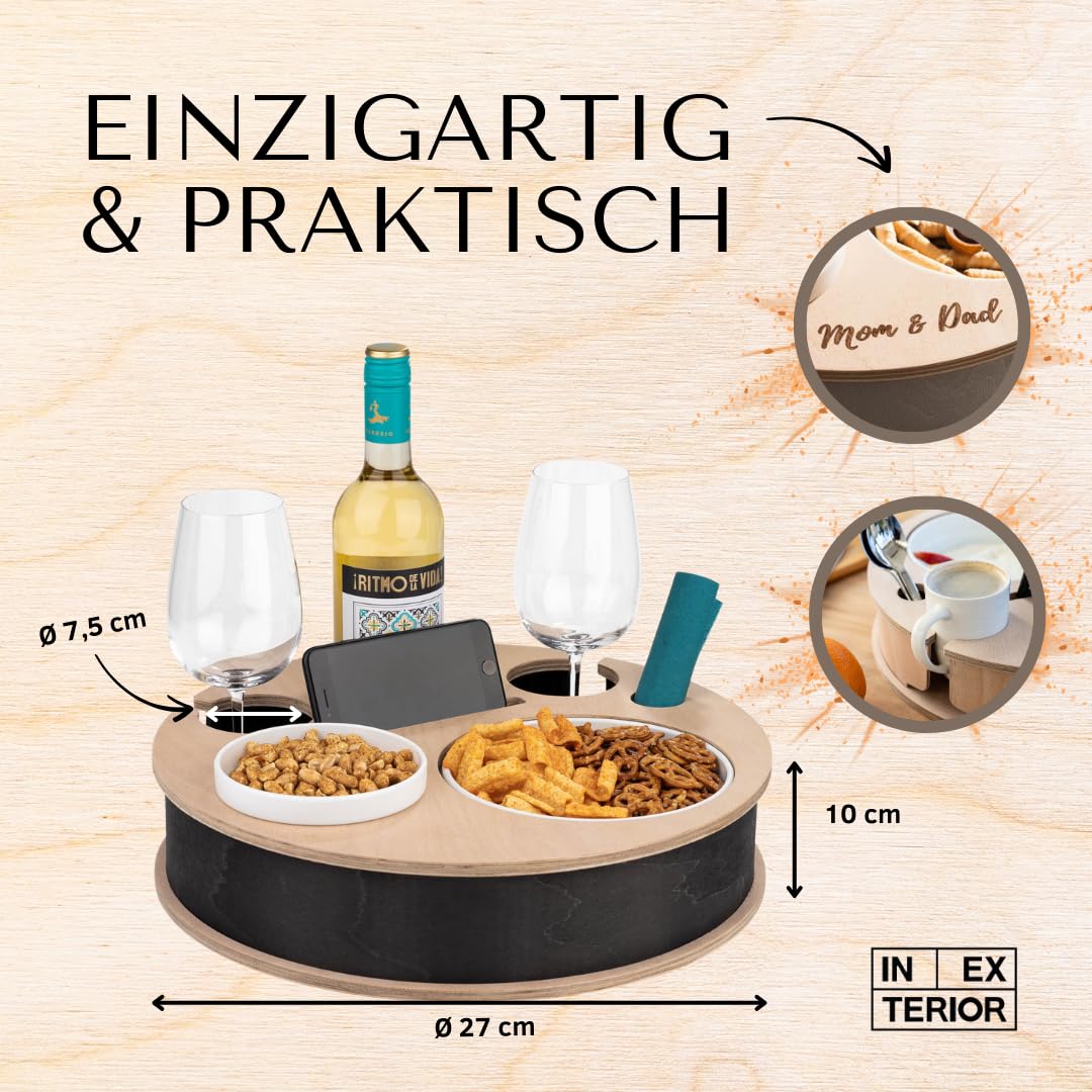 INEXTERIOR – Couchbar RundumBar handgefertigt aus Holz in Schwarz mit Wunschgravur – Runde Snack Box mit Zwei Snackschalen, Handy-, Flaschen- & Getränkehalter - Couchbutler Couchorganizer Tablett