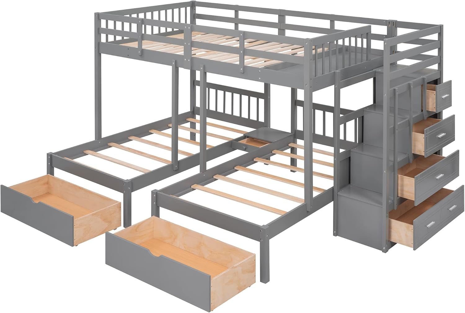 SOFTSEA Wood Triple Bunk Beds with Storage Stairs and Drawers for Kids, Modern Full Over Twin & Twin Bunk Bed for 3 Kids, No Box Spring Needed, Gray