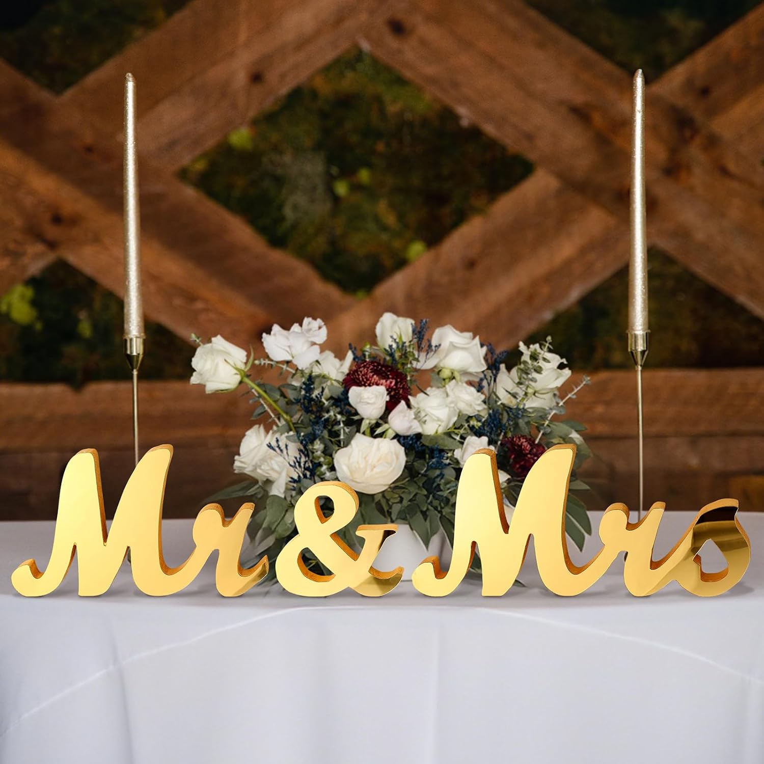 Mr & Mrs Sign with Arylic Mirror Wooden Freestanding Letters Sweetheart Table Decorations & Photo Props for Wedding Anniversary Parties Photo Props, Rustic Shower Gift(Gold)