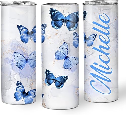 Hyturtle Vaso personalizado de acero inoxidable delgado de mariposa, 20 onzas, azul, nombre personalizado, regalo de cumpleaños para amantes de las
