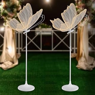 2Pcs Creative Wedding Butterfly LED Lamp, Floor Free Standing, 57.5''-70.1'' Height Adjustable, 110V Decorative Romantic Light Fixture for Party & Event Decoration, 2 Pcs, Silver-Warm