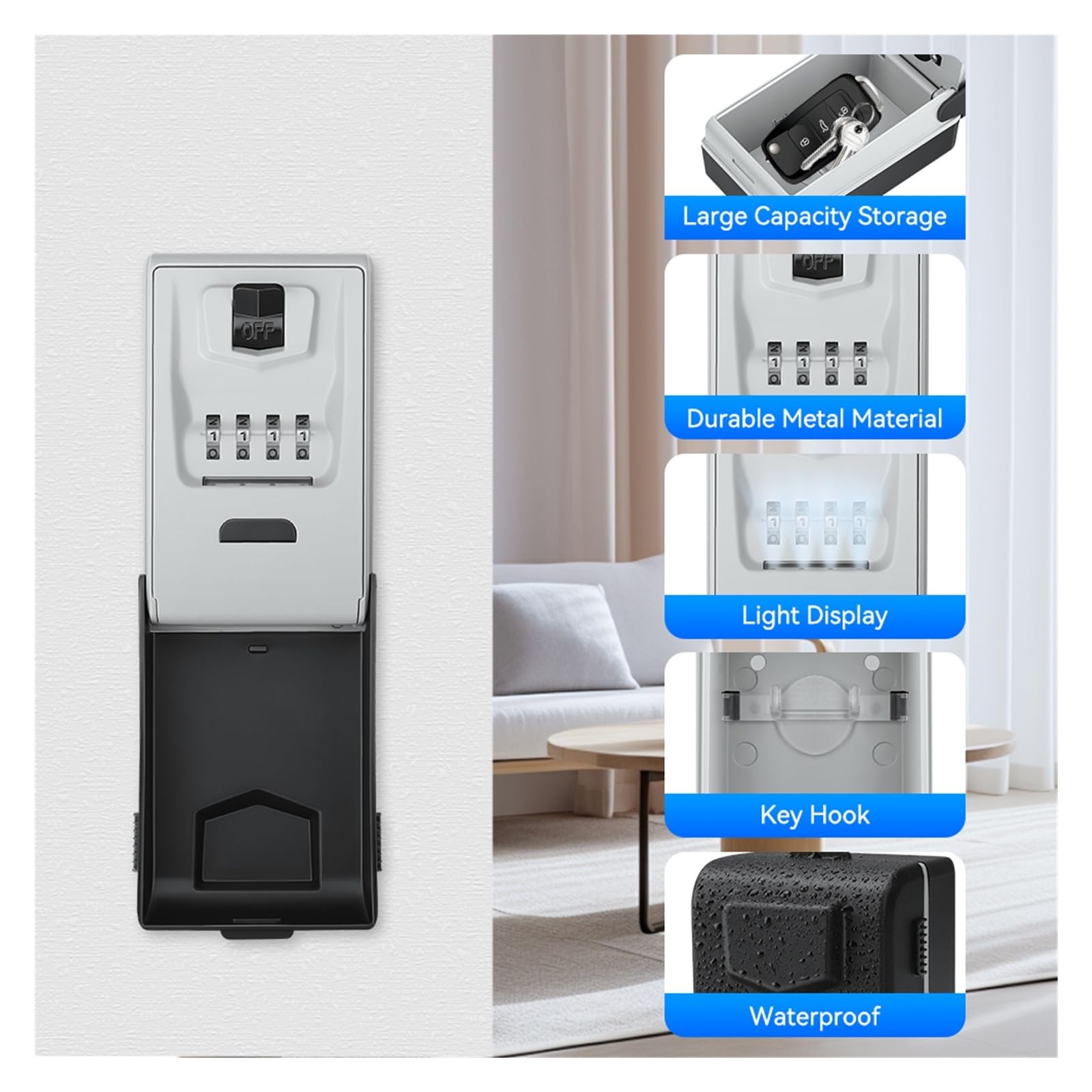 Boîte à clés en métal avec mot de passe et éclairage LED, fixation murale, grande capacité, boîte de rangement étanche à 4 chiffres