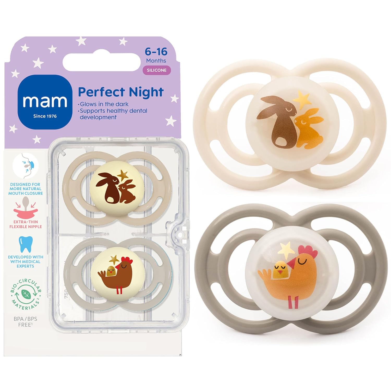 MAM Perfect Baby Premium Pacifier 6-16 Months, Extra Thin Nipple, Developed with Orthodontists, Clinically Proven, Glows in The Dark, BPA-Free Silicone, 2 Pack, Made in Europe