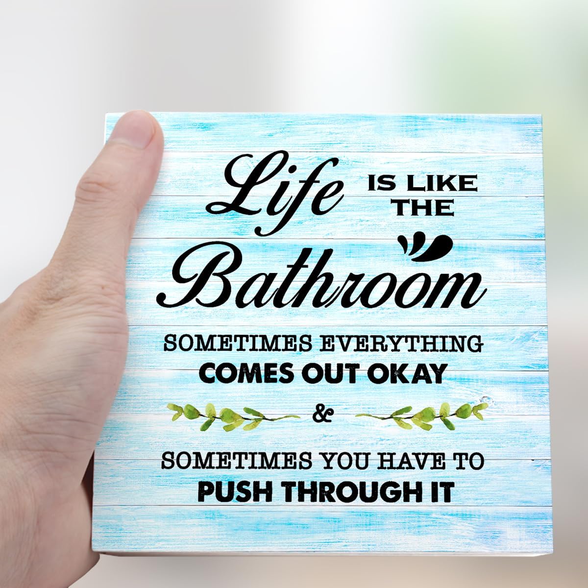 Blue Wood Life is Like The Bathroom Wooden Box Sign Desk Decor,Funny Bathroom Wood Block Sign for Farmhouse Toilet Shelf Decor image 3