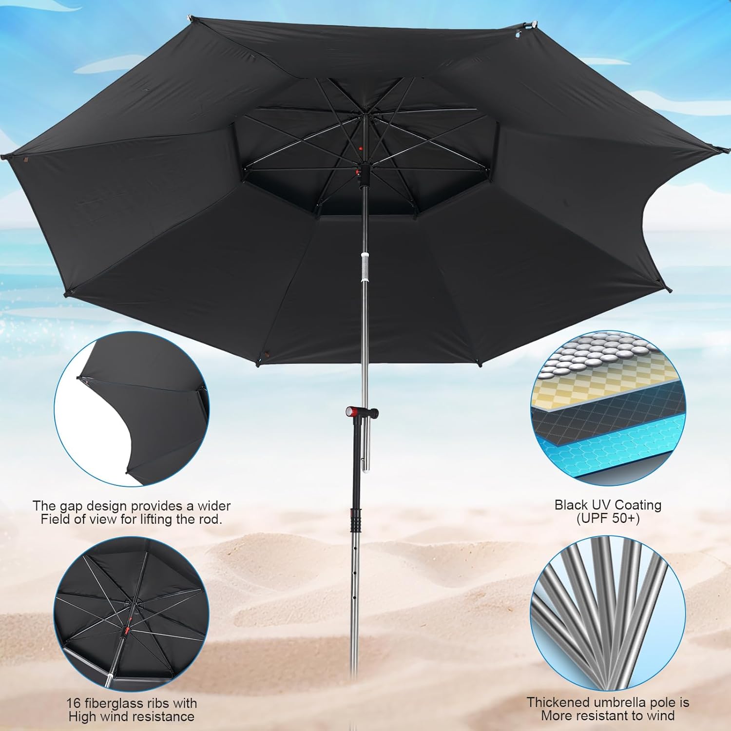 7.2 ft Beach Umbrella for Sand, Portable Windproof UV Protection Sunshade Sturdy Patio Umbrella with Anchor Carry Bag for Beach Garden Pool Outdoor Fishing