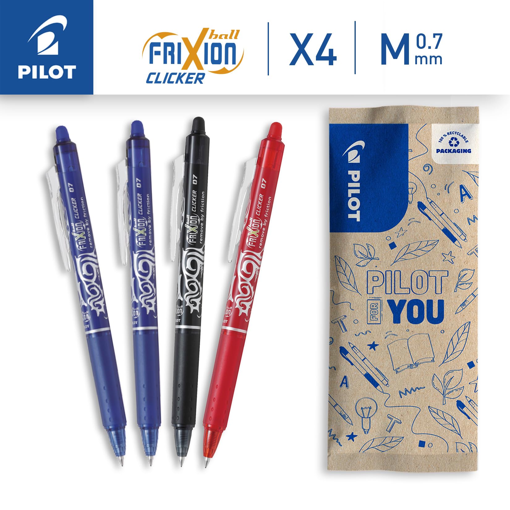 PILOT, Set of 4 FriXion Ball Clicker 07, Erasable Thermosensitive Ink Pen, Retractable and Refillable Roller Pen, 2 Blue - Image 2