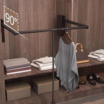 Pull Down Closet Rod for Hanging Clothes, Retractable Wardrobe Hanger for Cabinet Inside Width 21.6~26, Aluminium alloy Tubing with Plastic Housing, 44 lb Weight Rating