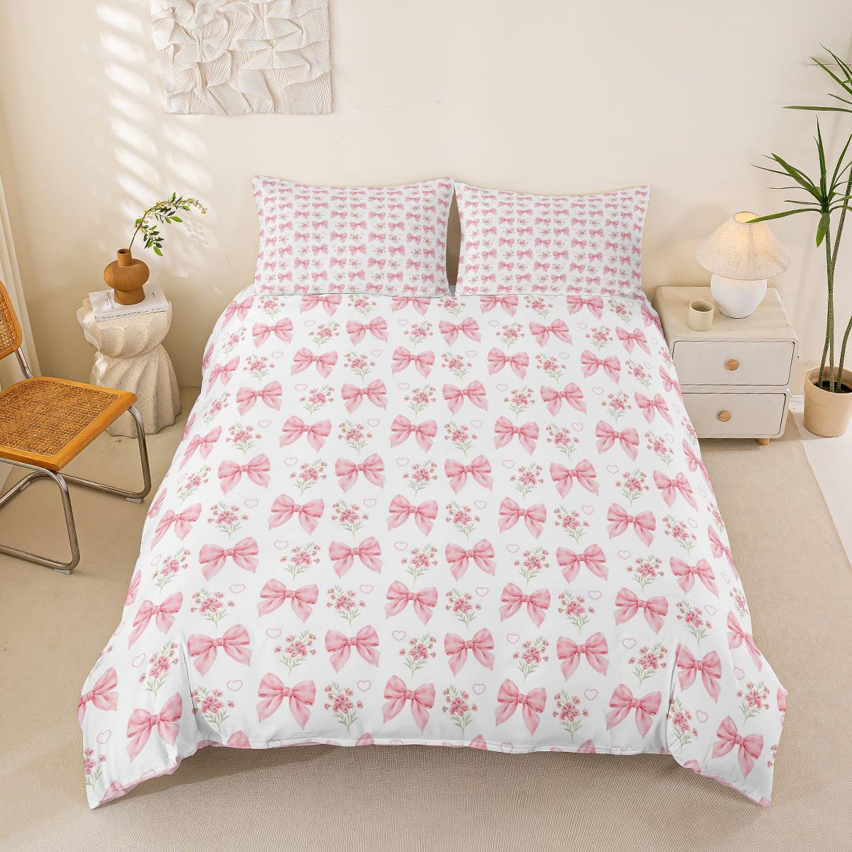 Loussiesd Pink Bow Duvet Cover Double Size Boys Girls Cute Flower Bedding Set Breathable Soft Kawaii Bowknot Bedspread 3Pcs Fresh Theme Bedroom Decor Microfiber Zipper Closure