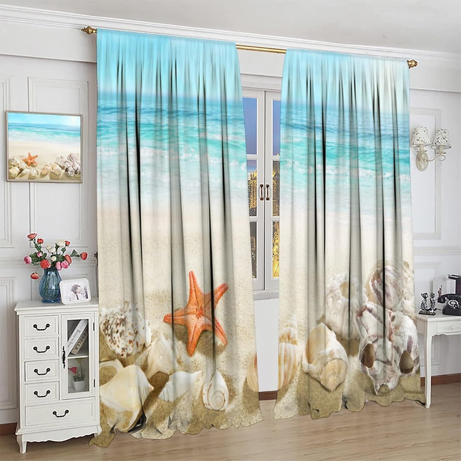 Warm Journey Curtains, Coastal Beach Clear Seawater Printed Decorative Curtains Kids Room Nursery Bedroom Kitchen Living Room Seashell Starfish, 2 Panels, 42x45 Inch