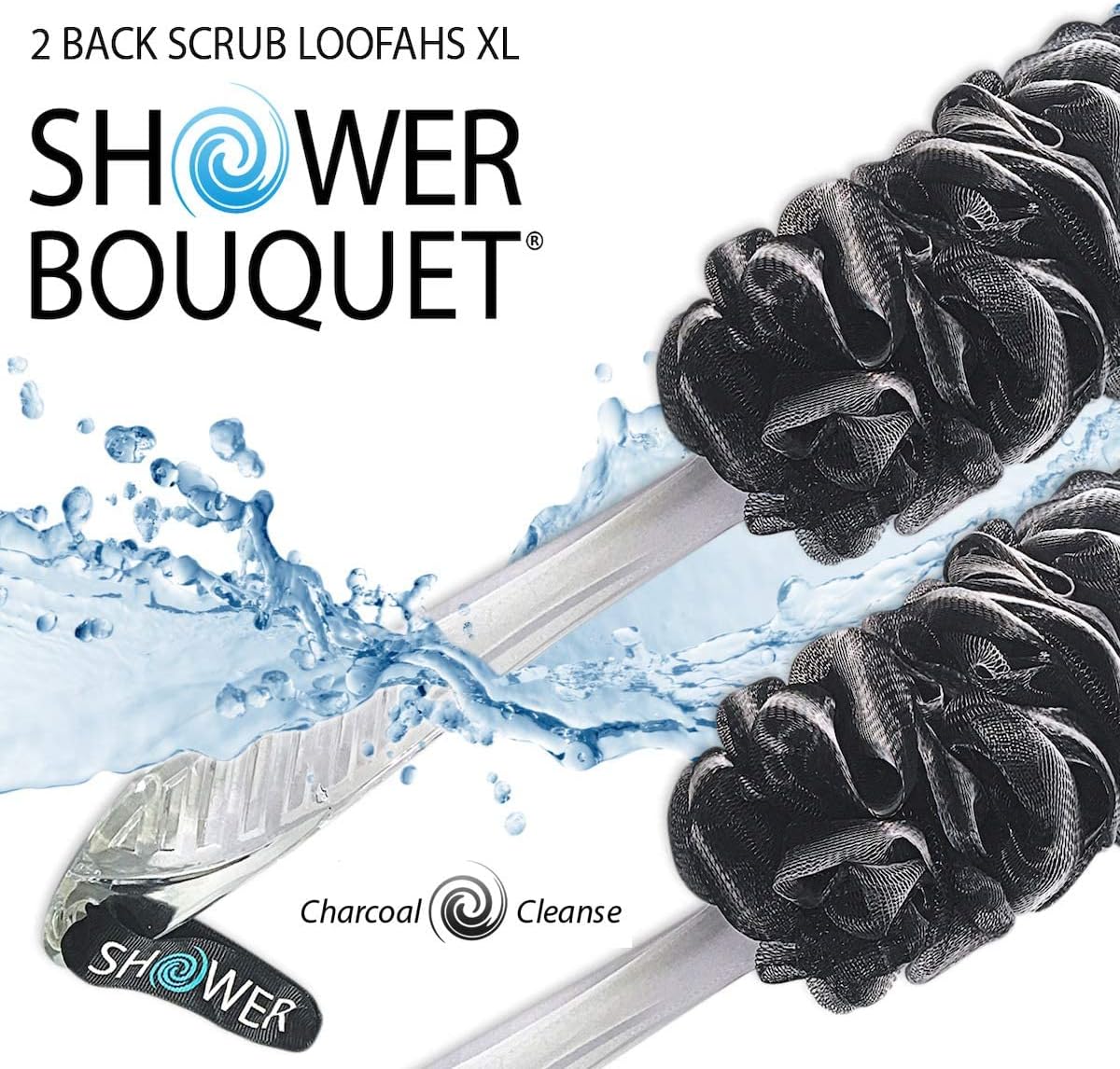 Loofah-Charcoal Back-Scrubbers 2-Pack-by-Shower-Bouquet: Long-Handle Bath-Sponge-Brushes with Extra Large Soft Mesh for Men & Women - Exfoliate with Full Pure Cleanse in Bathing Accessories : Beauty & Personal Care