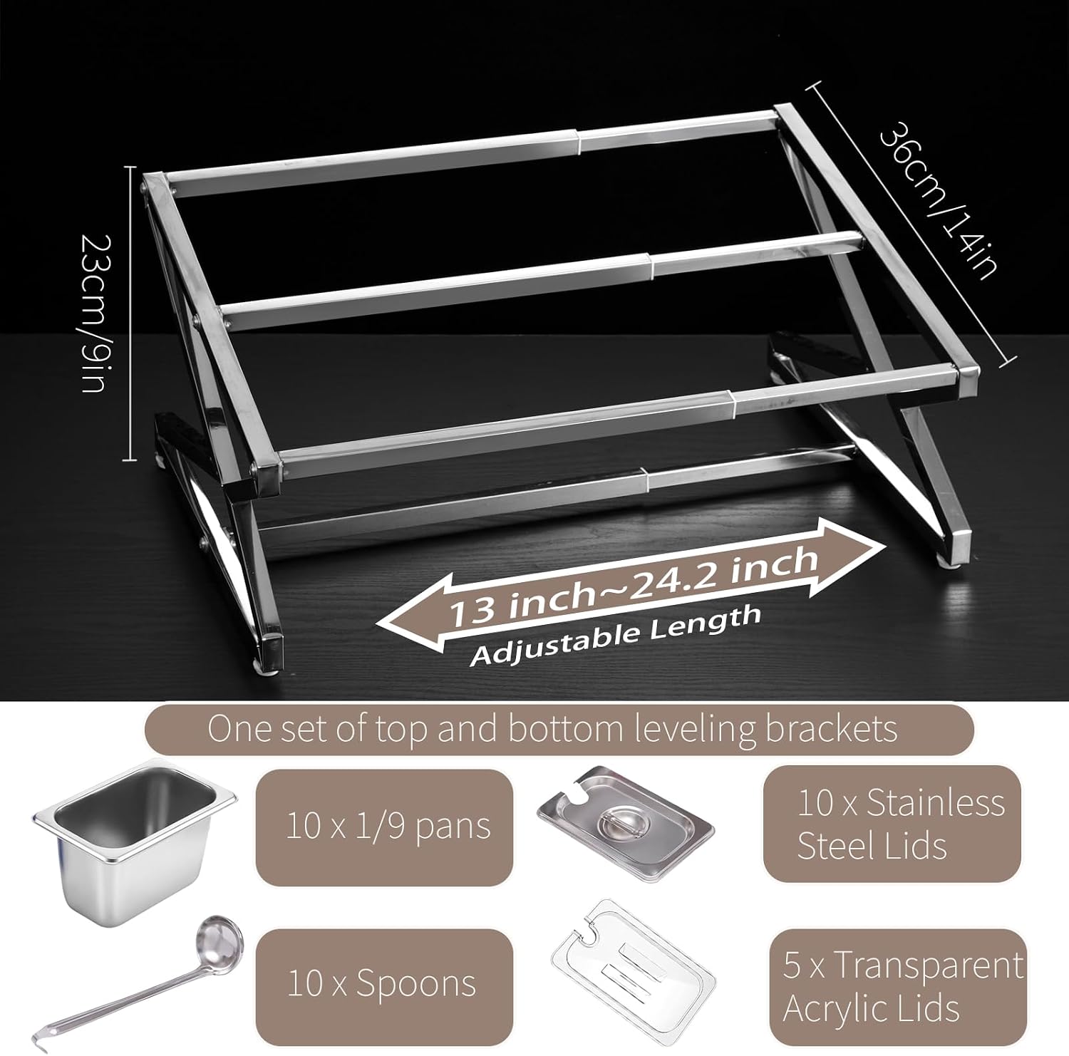 Two Tier Adjustable Stainless Steel Spice Organizer Set of 10 Pots with Spoons Commercial Kitchen Spice Rack Sauce Rack Buffet Counter Milk Tea Shop Multifunctional Shelf (Double Slant) image 2