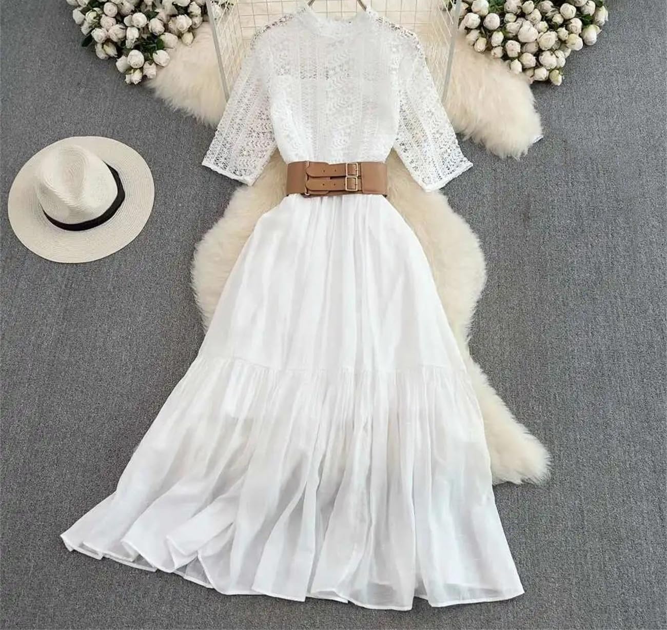 Yeuyyben Pizzo Chiffon Abiti Moda Donna Scava Fuori Embroidey Manica Corta Cintura Elegante Partito Lungo Prom
