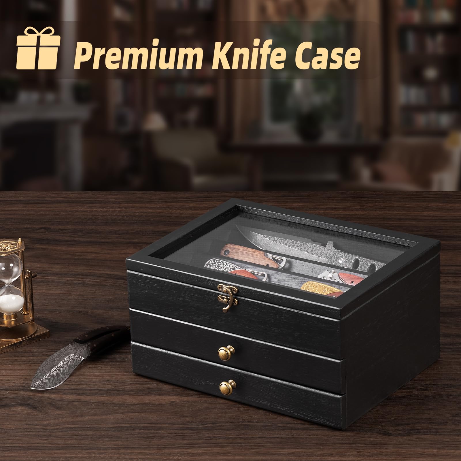 3 Étages Présentoir à Couteaux, Grande Vitrine à Couteaux pour Plusieurs Pliants, Coffret Poignard en Bois avec Tiroir et Vitre Haute Définition, pour Collections, Cadeau （Noir）