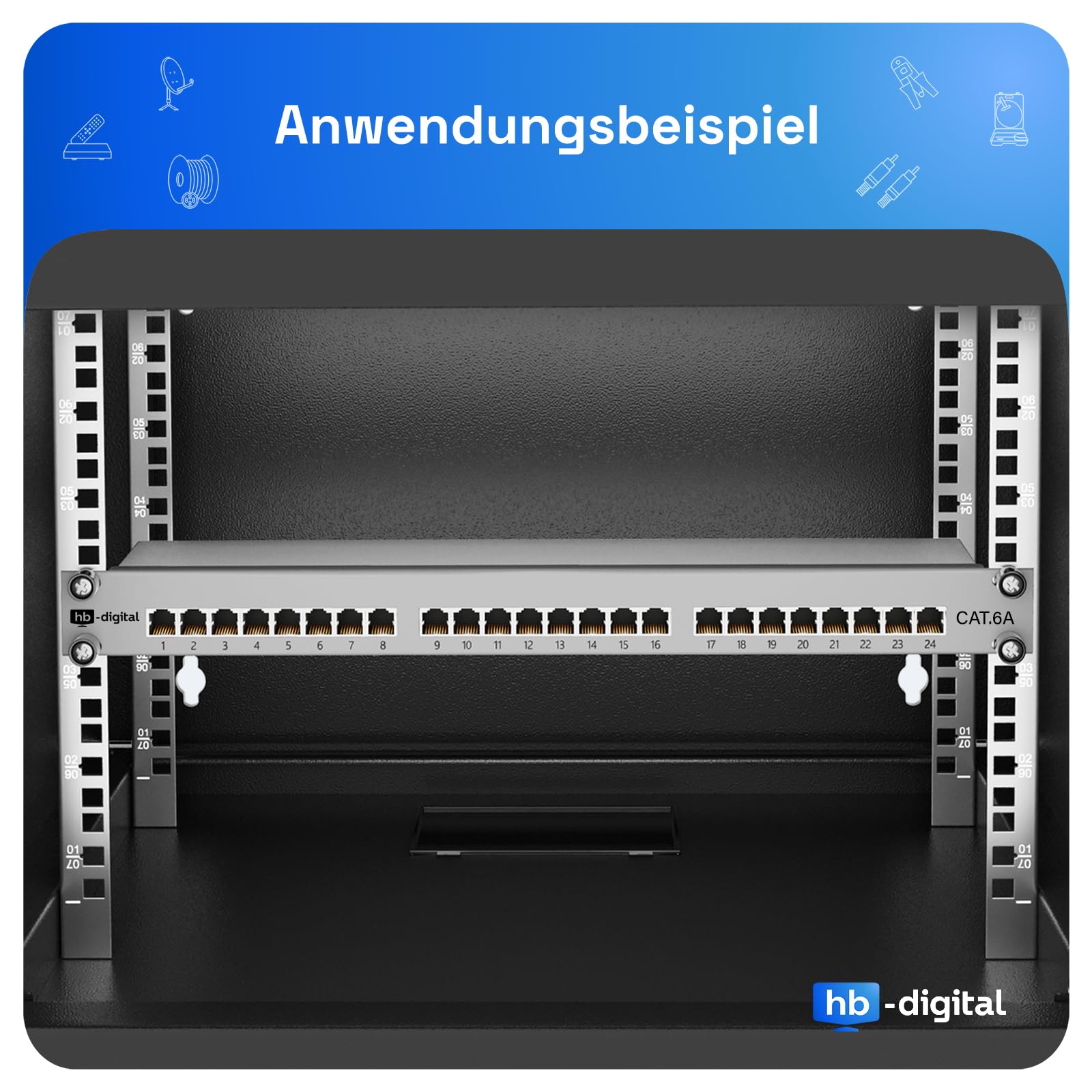 HB-DIGITAL CAT 6a Patchpanel Verteilerfeld Patchfeld 19" Zoll 24-Port 10 Gbps vollgeschirmte RJ45 Buchsen LSA-Leisten Schneidklemmen AWG 22-26 TIA568A + TIA568B PoE++ Unterstützung - Hellgrau