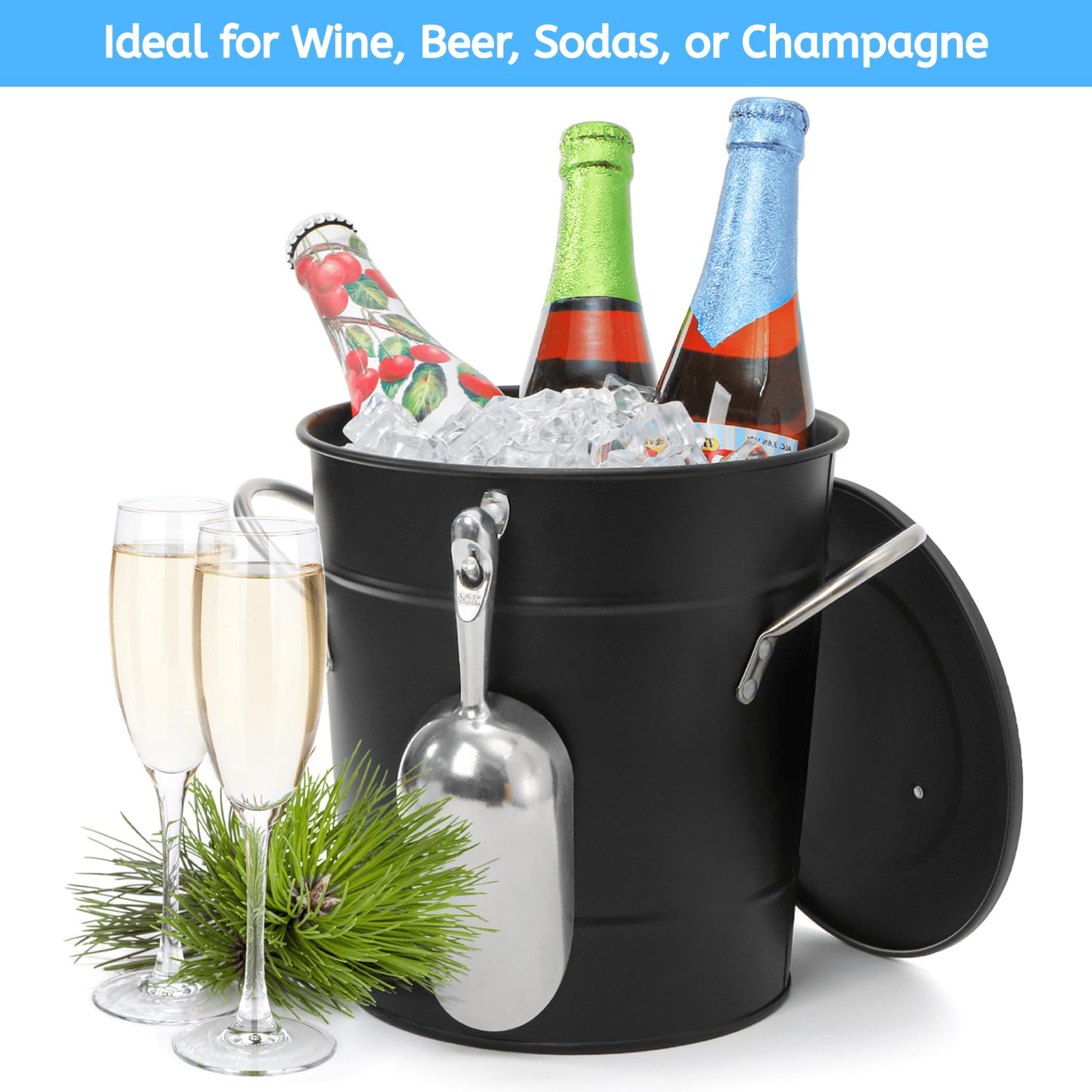 Cubo de hielo de 4L con cuchara y tapa, enfriador de cubo de vino de doble pared con asas de transporte, bañera de bebidas para cóctel, campamento, barbacoa, uso en interiores y exteriores 4