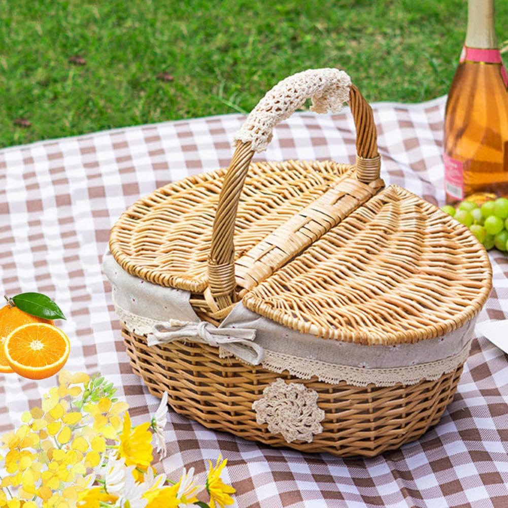 ピクニックバスケット、ピクニックバスケットセット、ピクニックセット、屋外ピクニック手作り編みバスケット、蓋付き籐柳編みフラワーバスケ