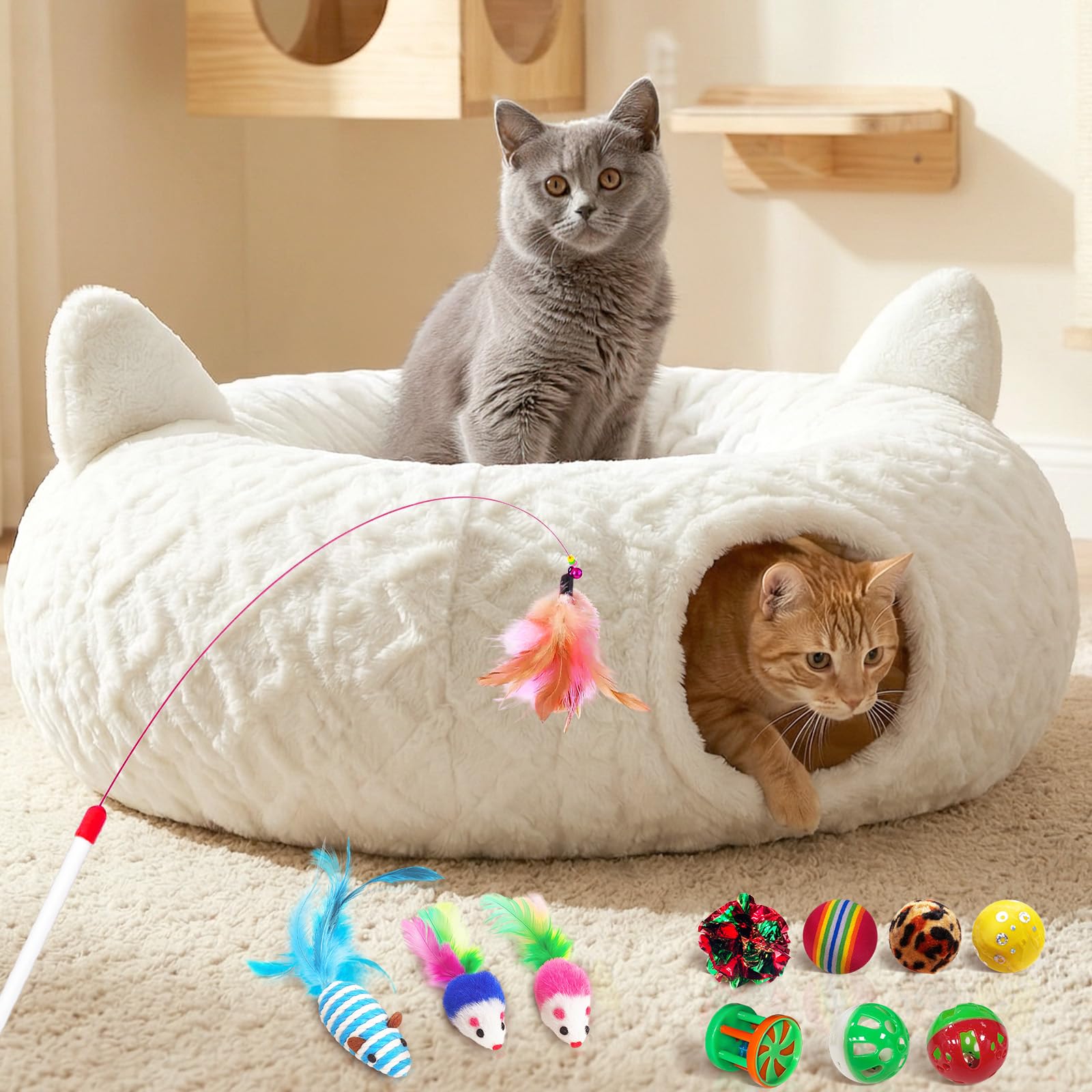 Katzentunnel Rund Weiß mit Katzenbett, Plüsch Katzen Donut Tunnel mit 11 interaktiven Spielzeugen & Waschbarer Matte, Peekaboo Katzenhöhle Spieltunnel unter dem Weihnachtsbaum für Katzen