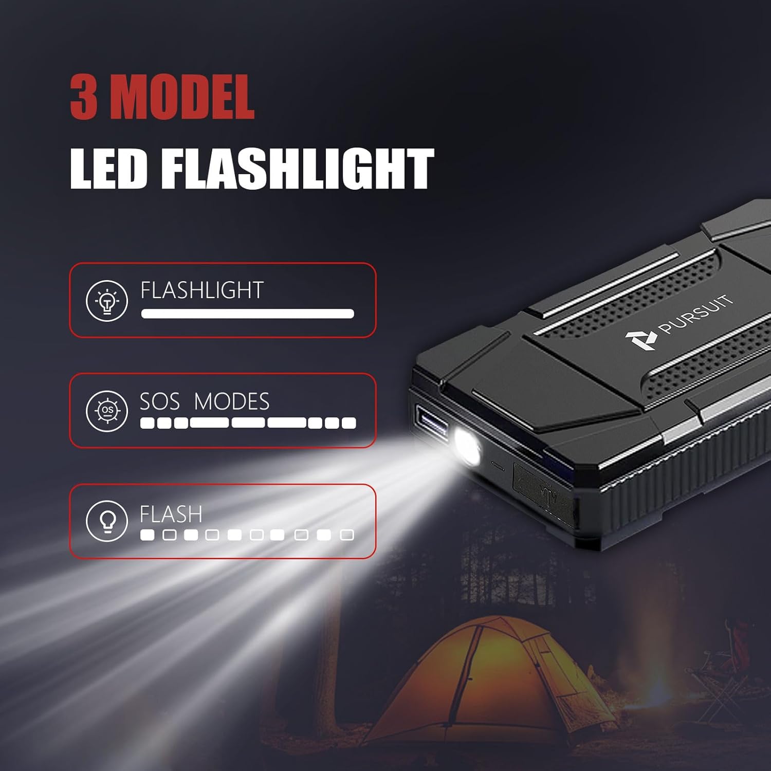 Illustration of the jump starter's LED flashlight with three modes: solid, SOS, and flash