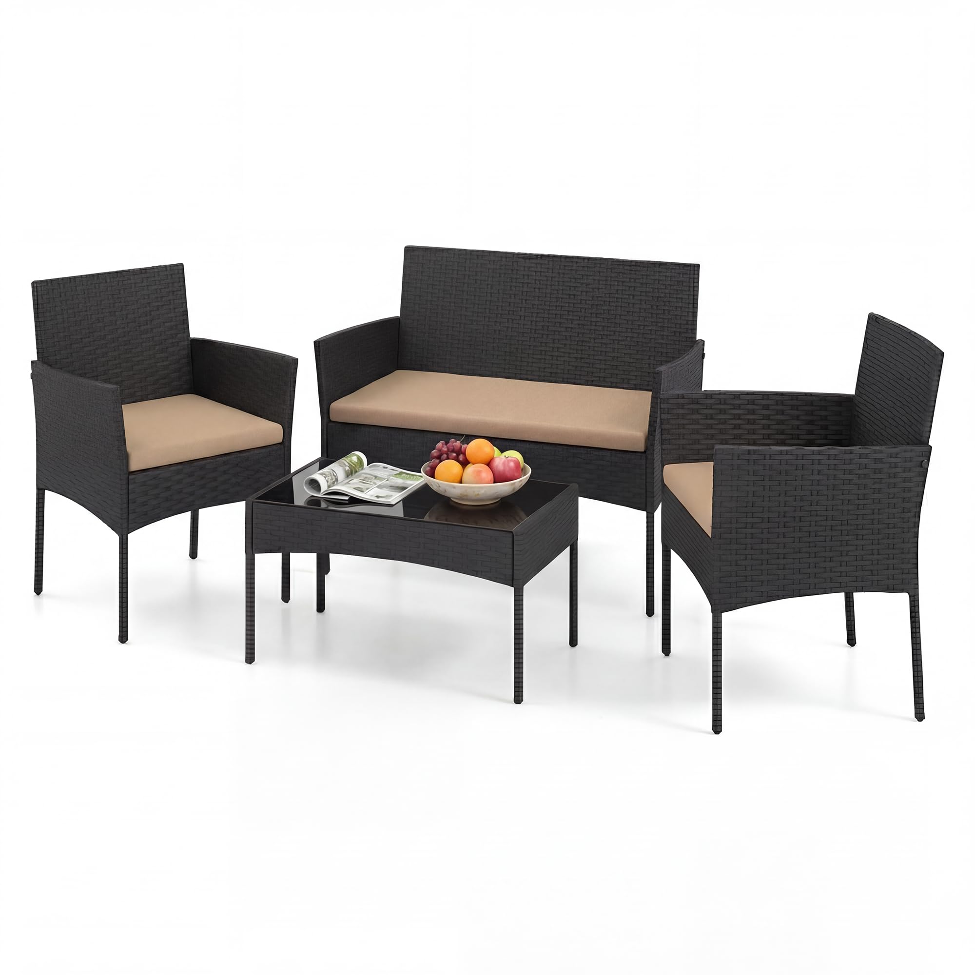 GIANTEX Salon de Jardin Exterieur 4 Pièces, Mobilier de Jardin en Rotin avec 2 Fauteuils, Canapé 2 Places, Table Basse en Verre Trempé, Coussins Amovibles, pour Balcon Terrasse Piscine (Marron)