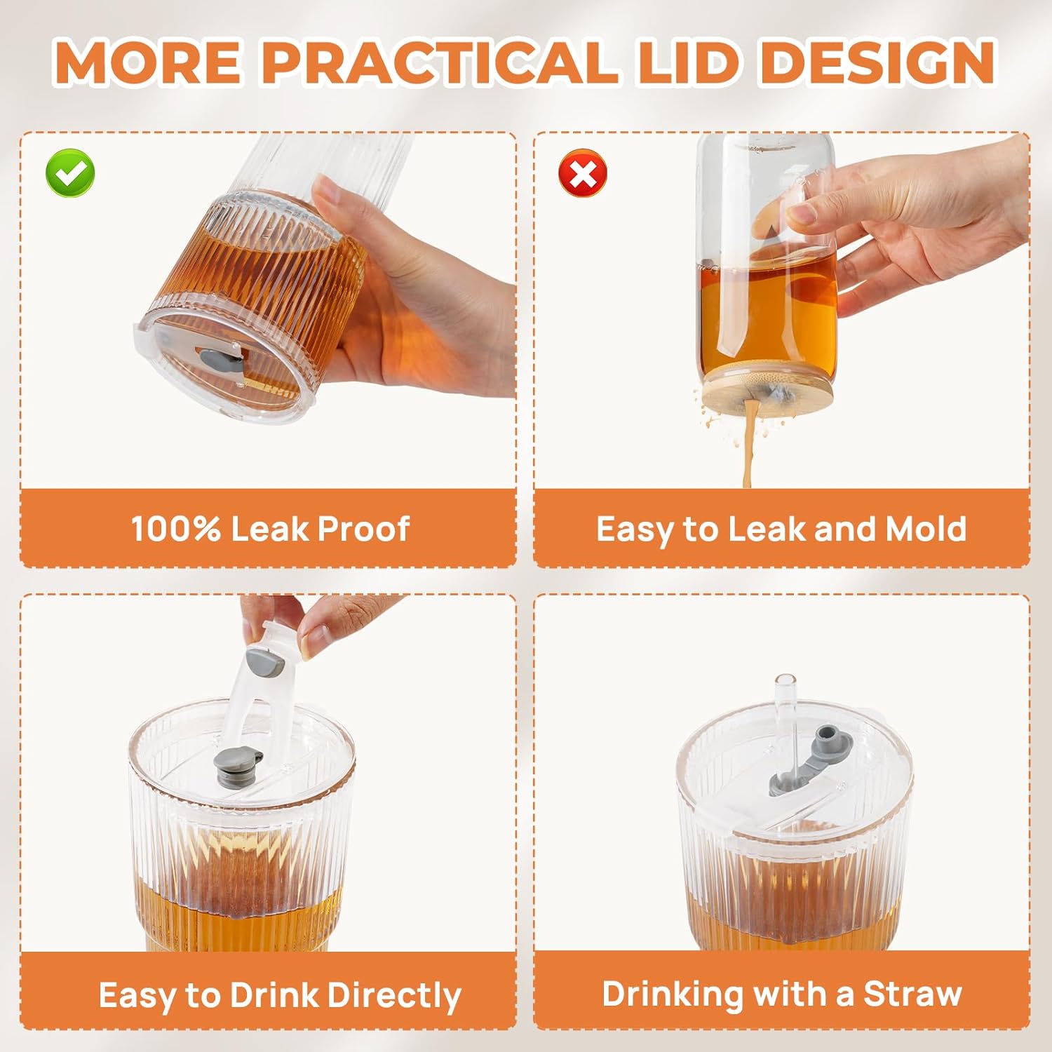 2 Pack 20 Oz Glass Cups with Lids and Straws Iced Coffee Cups Vintage Ribbed Glassware for Beer Ice Coffee Fruit Juice Elegant Aesthetic Cup Glass Iced Coffee Tumbler Include 1 Cleaning Brushes - Image 3