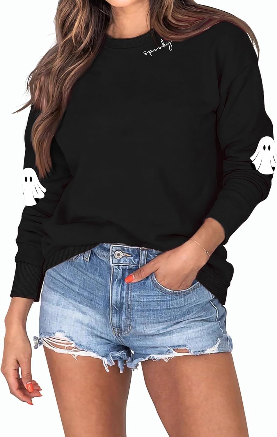 Halloween Sweatshirts Women Spooky Season Shirt Funny Ghost Graphic Halloween Shirts Long Sleeve Pullover Tops Black - Image 5