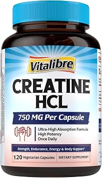 Vitalibre Creatine HCl Capsule, 750mg High Absorption Creatine Hydrochloride, Endurance, Strength, Fast Absorbing, No Load, No Bloat, Monohydrate Micronized Alternative, Once Daily, 120 Capsules