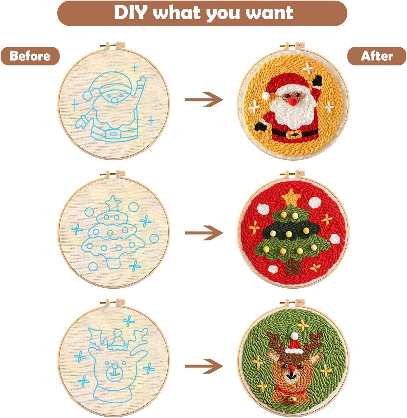 4Pack Punch Needle Kit 1.6mm-2mm-2.5mm-3.5mm-5mm Metal Tubes Adjustable Wooden Punch Needle Tool for Adult Beginner Embroidery Cross Stitching DIY Craft Decoration (Blue)