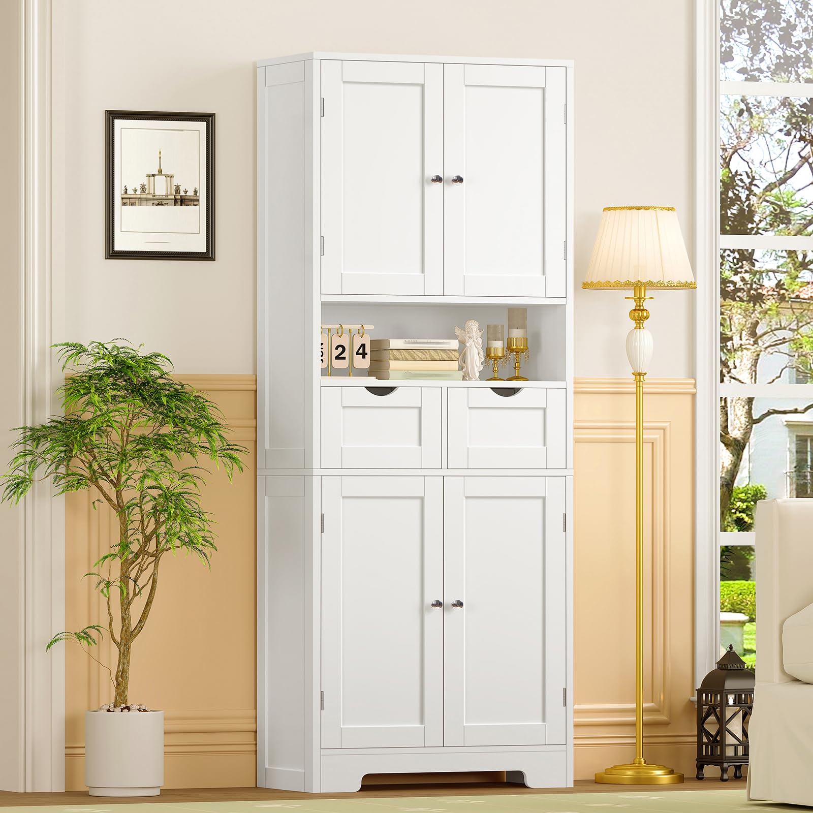TEENFON Credenza Cucina Alta, Mobile Dispensa Alto 4 Ante e 2 Cassetti con Ripiani Regolabili e Portaspezie sulla Porta, Armadio Multiuso per Cucina, Soggiorno, Bagno, 60 x 30 x 161 cm, Bianco