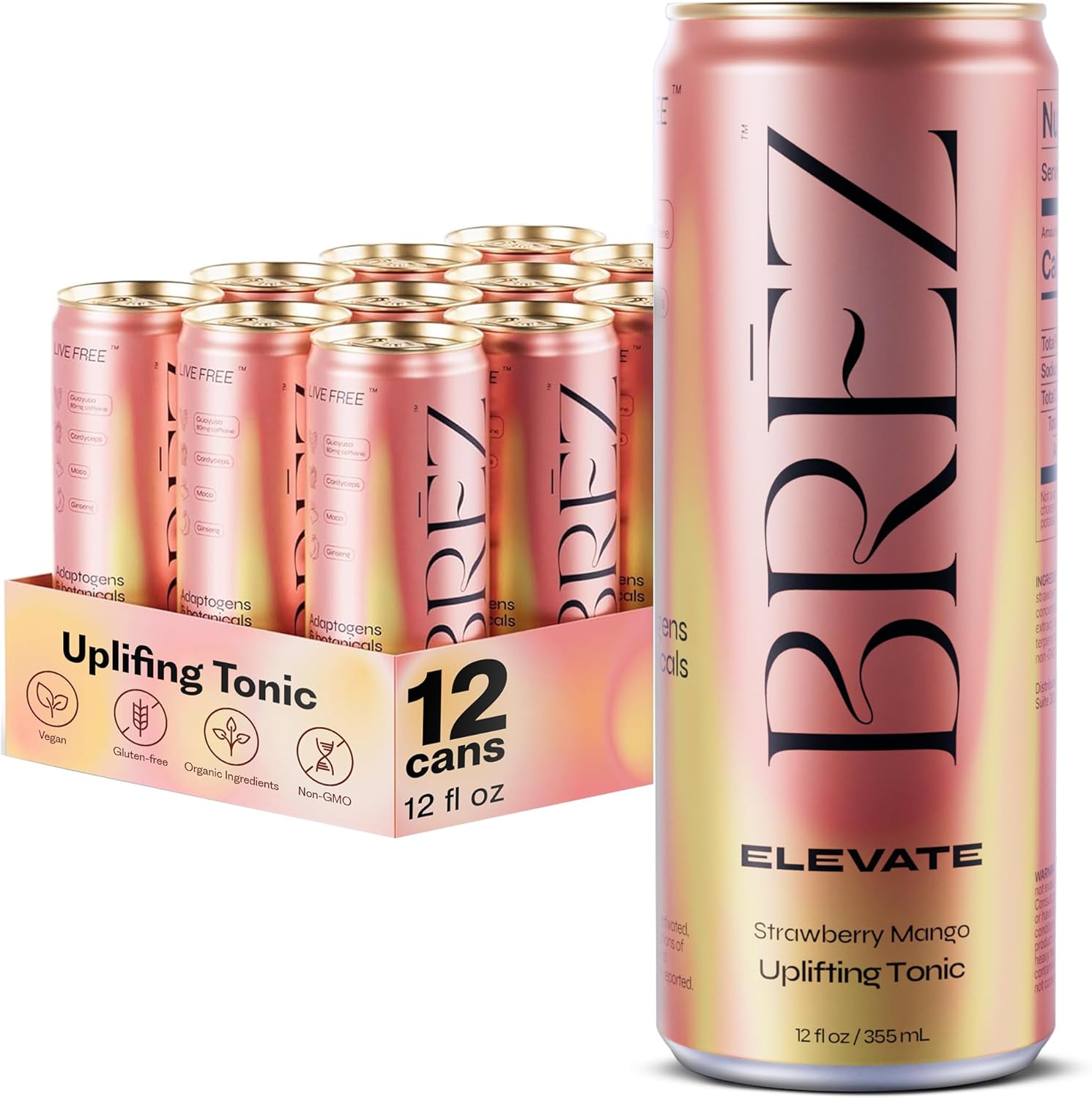 BRĒZ ELEVATE Cordyceps Mushroom Drink, Non-Infused Uplifting Tonic with Cordyceps, Guayusa, Maca & Ginseng, Vegan Adaptogen Drink for Focus, Drive & Mental Clarity, Strawberry Mango, 12 fl oz, 8 Pack