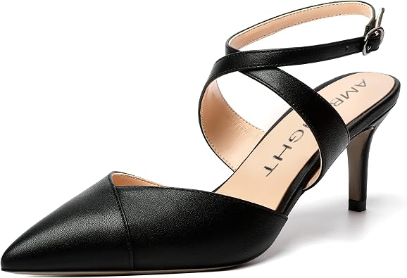 AMBELIGHT Womens Buckle Ankle Strap Pointed Toe Matte Dress Office Stiletto Mid Heel Pumps Shoes 2.5 Inch