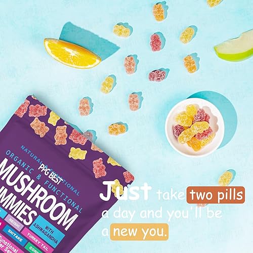 Miniatura 2 de Suplemento de gomitas de hongos orgánicos y funcionales ASHWAGANDHA, REISHI, cola de pavo MAITAKE, SHATAKE Chaga CORDYCEPS BOOSTS Cognitive,