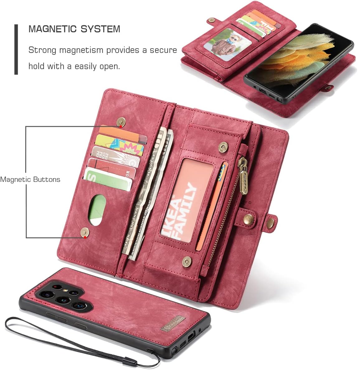 JGY Samsung S23 Leather Wallet case,Samsung S23 Detachable Magnetic case with Zipper Pocket Card Holder S23 Full Cover Shockproof Detachable Wallet case for Women Men (Red)