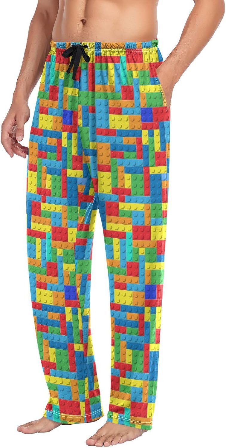 Kigai Lounge Pajama Pants for Men Building Blocks Men's Sleep Bottoms Pants with Drawstring Sleepwear, S
